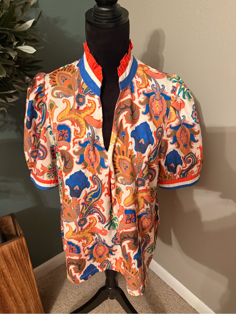 Umgee Orange Blue Paisley Ruffled Collar Blouse